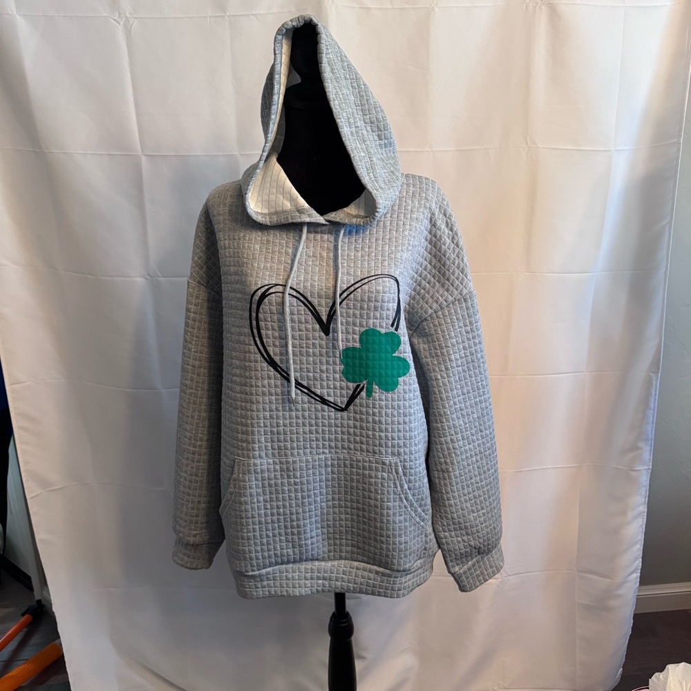 Stylish Gray Hoodie with Shamrock and heart design - NWOT - Large